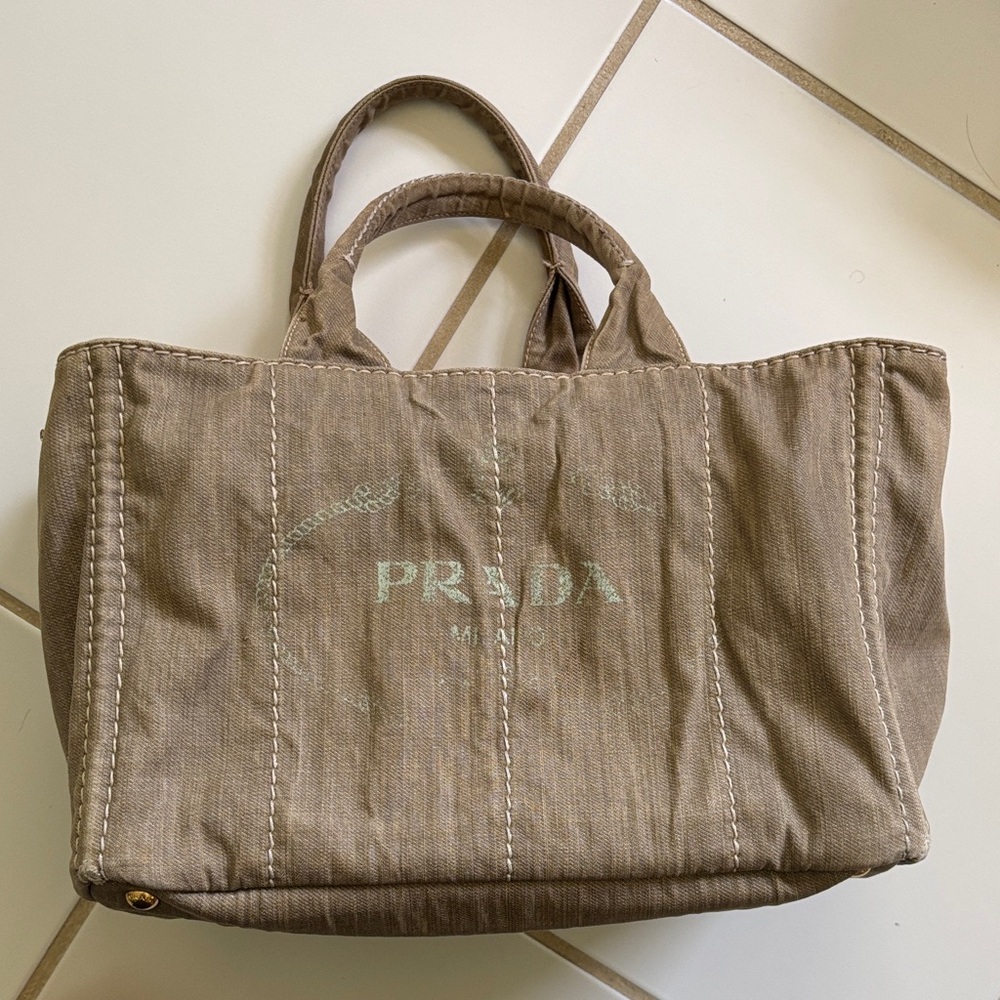 Prada Brown Canvas Tote with Faint Mint Logo